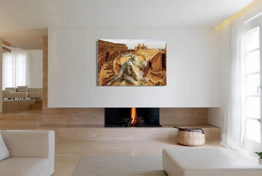 Amphitheater El Jem and the Uffizi Wrestlers canvas print by Storaro Art Collection - Classical wrestling sculpture in Roman amphitheater with golden atmosphere on museum-quality wall art